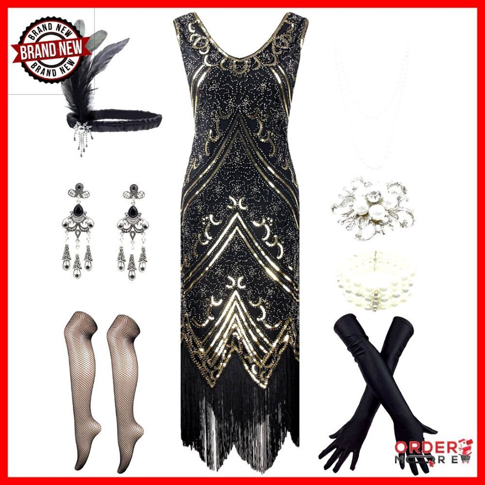 Sequin Flapper Dress with Tassel Hem and 1920s Accessories Set
